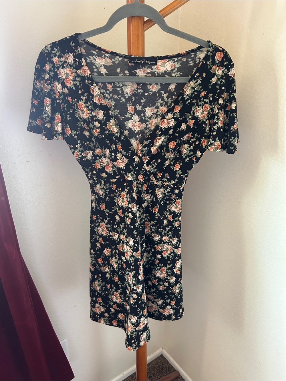 Lovely Day Black Floral Wrap Mini Dress with Pink Roses